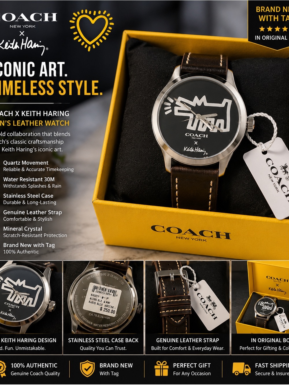 Coach Brown Leather Watch with Black Dial - Keith Haring Motif